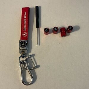 Mercedes Key Fob keychain in Red Leather and Valve Stem Caps in Red NWT